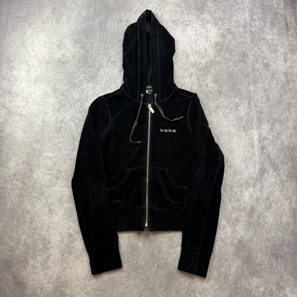 Bebe Black Corduroy Velour Zip Up Hoodie Y2K Crystal Logo Small Made in USA